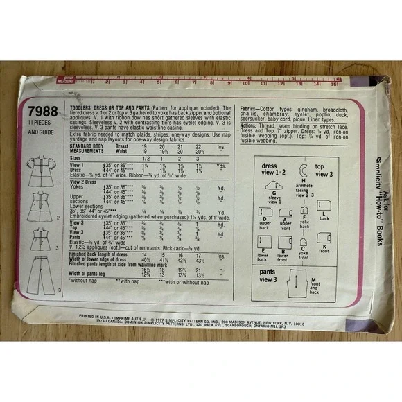 VTG Simplicity Pattern 7988 Toddlers' Dress‎ Or Top & Pants Size 1/2 Uncut FF - Picture 2 of 4